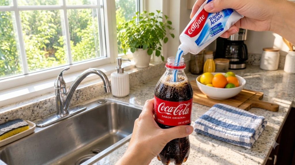 Manos exprimiendo pasta de dientes en una botella de Coca-Cola en una cocina limpia