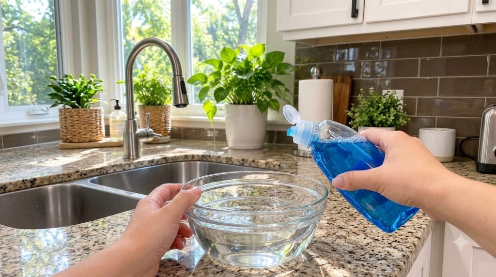 A close-up slightly overhead view of a clean kitchen counter showing a clear glass bowl with water an open bottle of blu