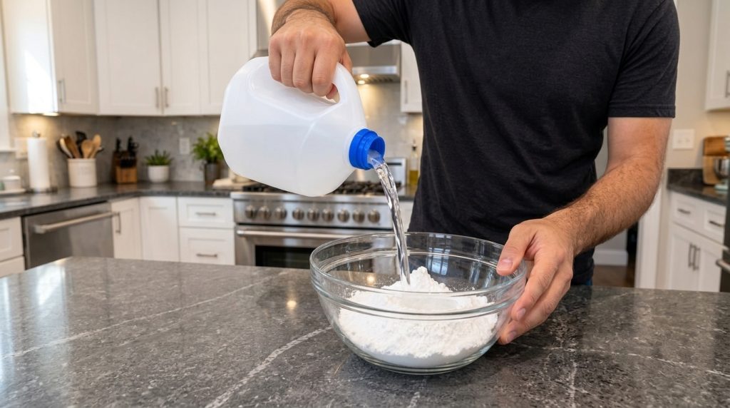 A close-up shot of hands pouring clear white vinegar from a bottle into a glass bowl containing white baking soda set ag
