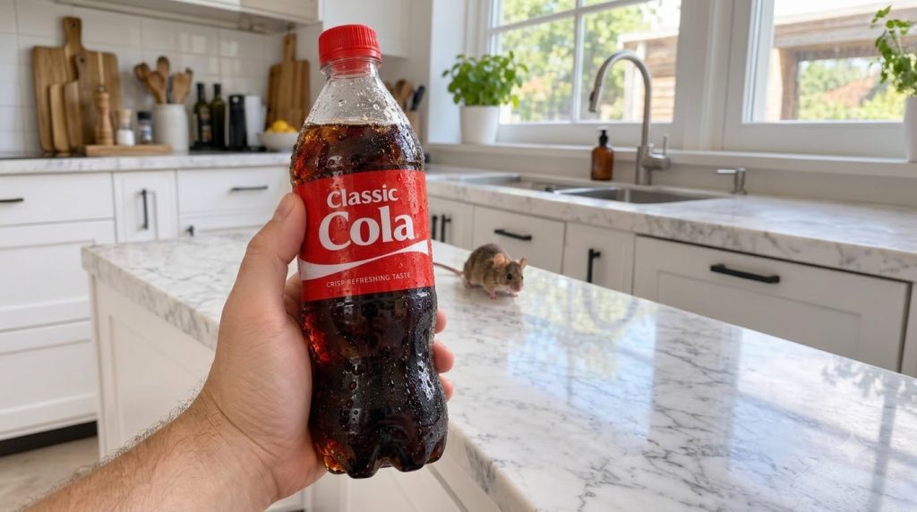 A human hand holding a cold cola bottle with a red label with a small brown mouse visible on a clean white kitchen count