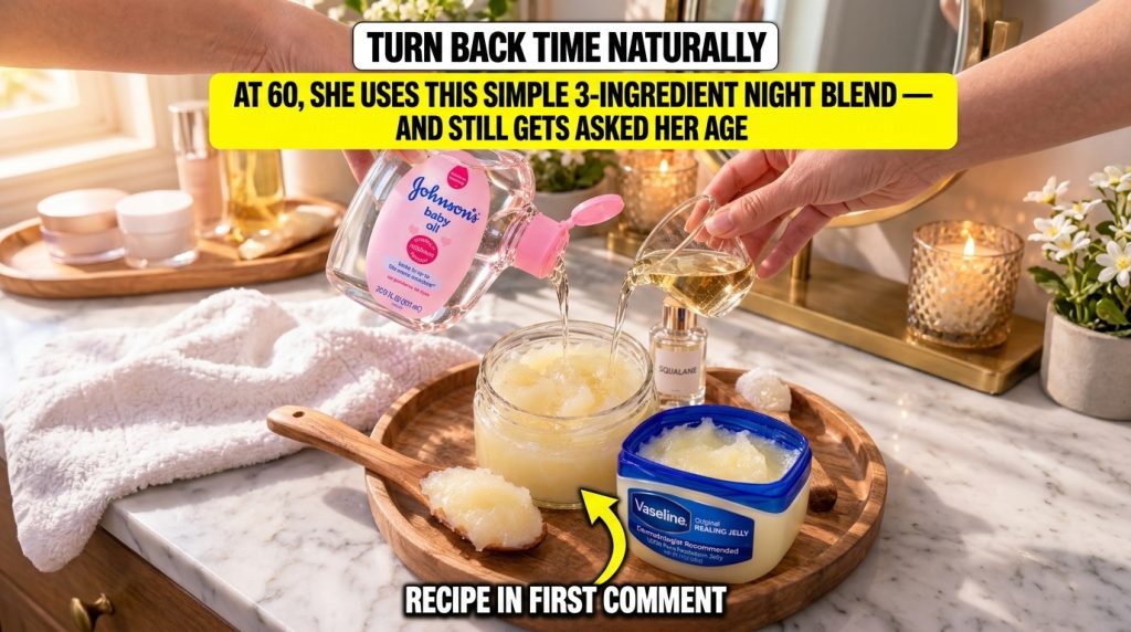 Two hands are pouring clear and golden liquids into a glass jar filled with a thick yellowish Vaseline mixture A wooden 