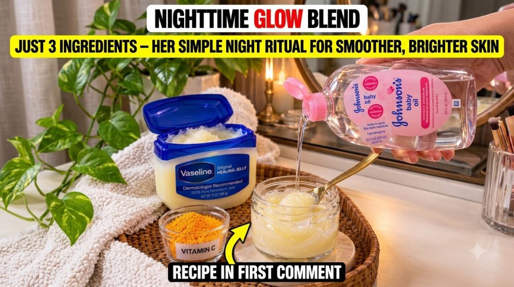 A hand pouring baby oil into a glass jar containing a petroleum jelly mixture with a golden spoon partially submerged An