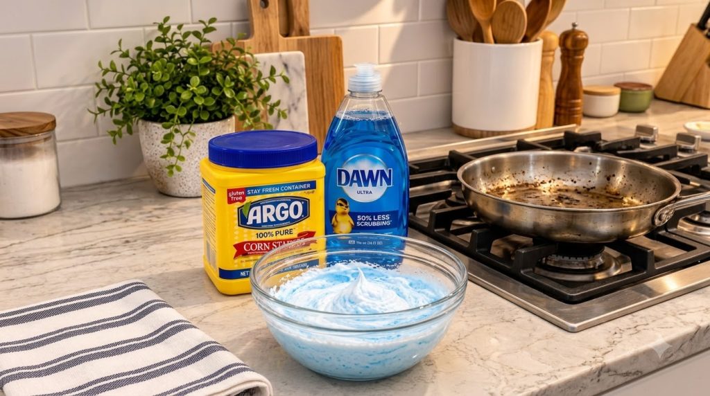 Kitchen counter with corn starch blue dish soap and a bowl of mixed blue and white foamy cleaner