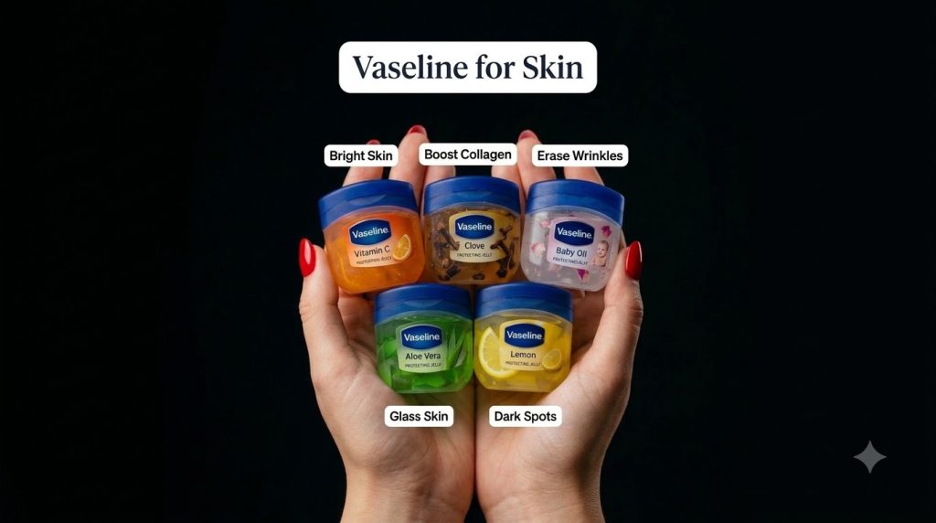 A pair of hands gently holding small jars of Vaseline infused with natural ingredients like lemon aloe vera cloves and r