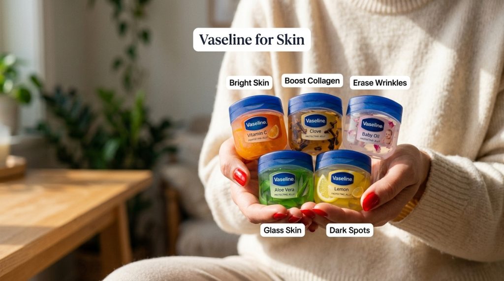 Hands gently holding five small tubs of Vaseline Protecting Jelly each with a different variant and associated skin bene