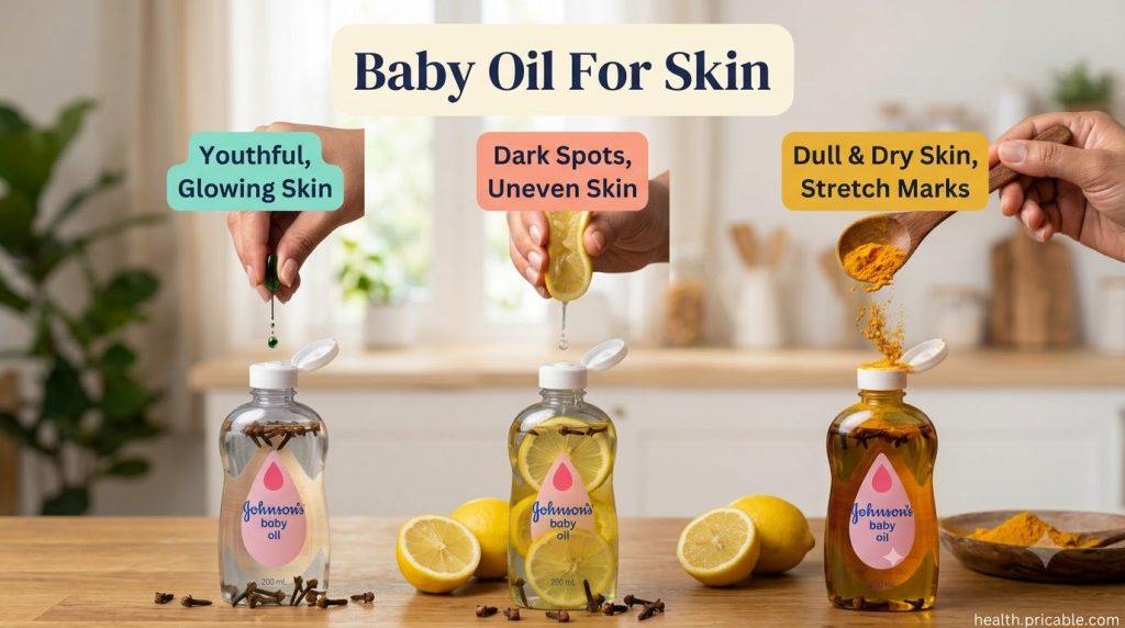 A vertical triptych showing hands adding Vitamin E oil lemon juice and turmeric powder to separate bottles of Johnson s 