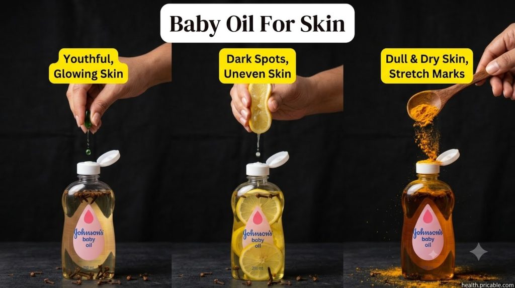 Hands adding green liquid lemon juice and turmeric to baby oil bottles with infused bottles below showing cloves lemon a