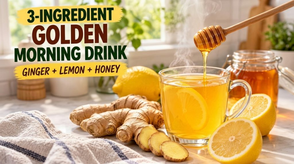 A clear glass cup with a warm golden drink garnished with a lemon slice with steam rising A honey dipper drips honey int