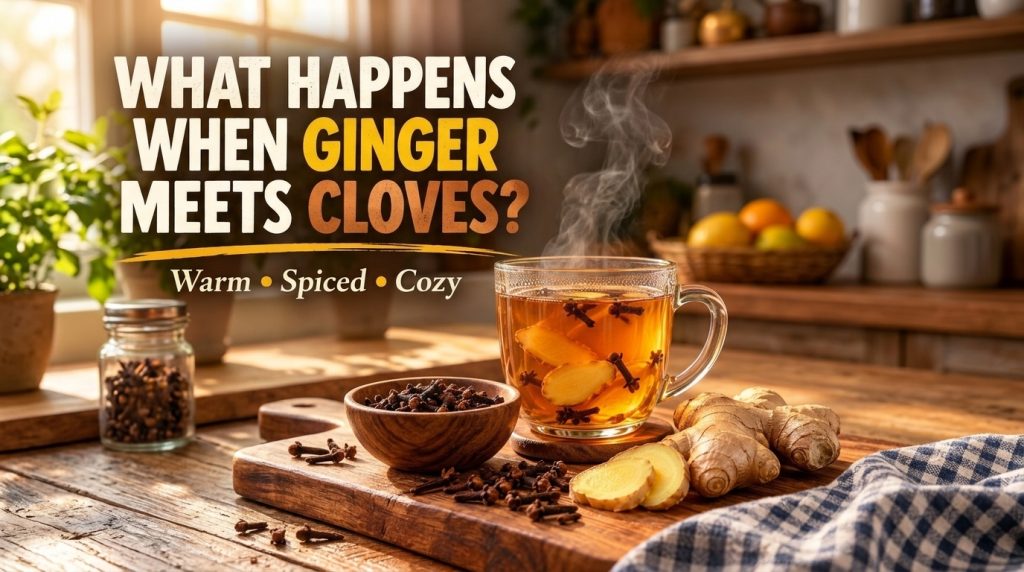 A clear glass mug of steaming hot tea infused with fresh ginger slices and whole cloves surrounded by ginger roots slice