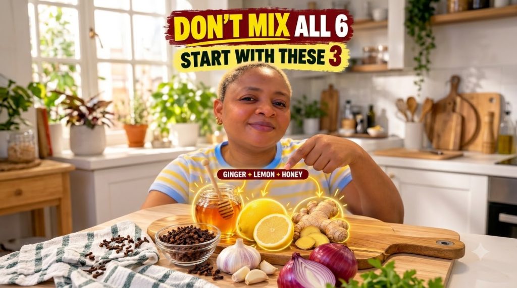 A smiling woman pointing to a wooden board with ginger lemons and honey highlighted and other ingredients like garlic an
