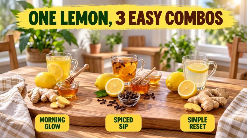 Three lemon-based hot drinks in glasses each with its key ingredients ginger and honey cloves and honey ginger alone on