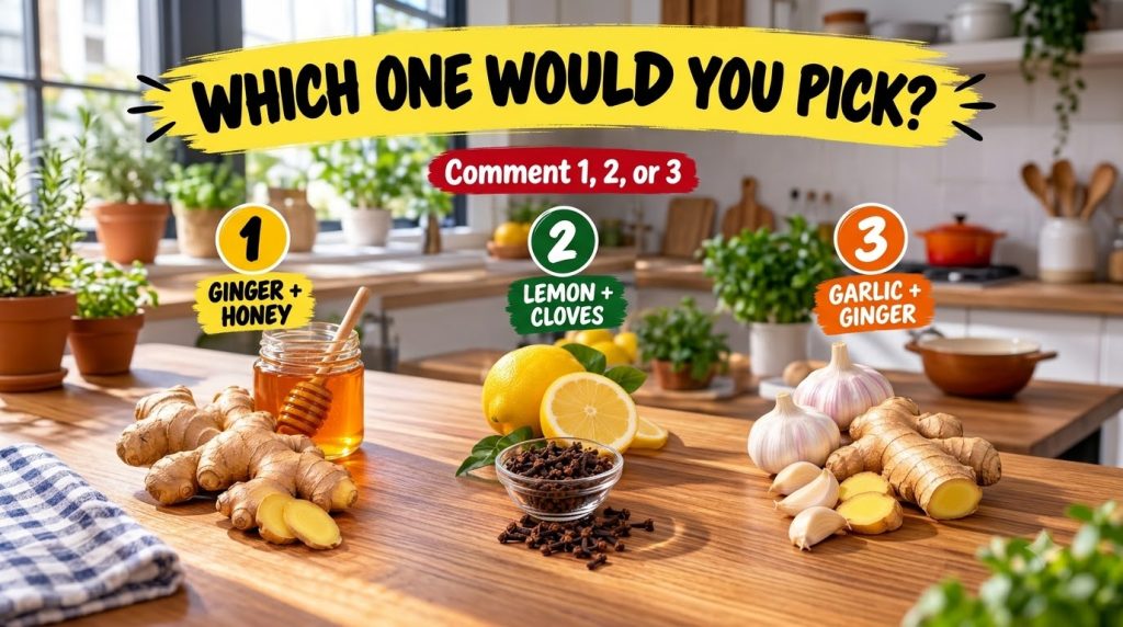 A vibrant well-lit image showing three vertical sections Section 1 has fresh ginger and a jar of honey with a dipper Sec