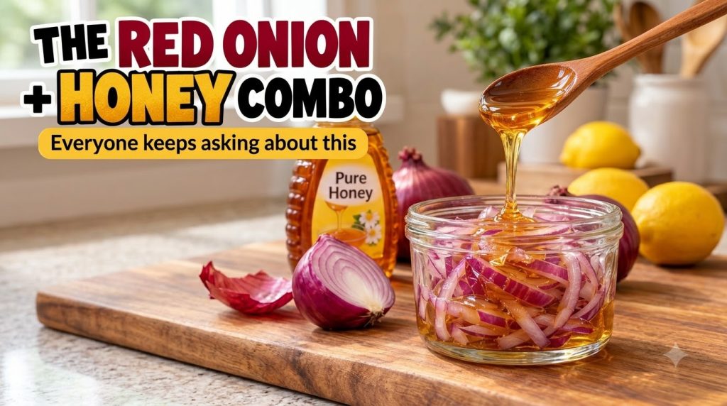 A wooden spoon pouring golden honey into a glass jar filled with thinly sliced red onions on a rustic wooden cutting boa