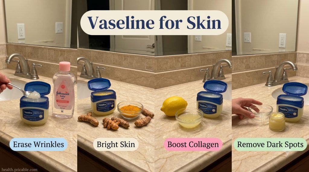 A four-panel grid showcasing various uses for Vaseline in skincare paired with natural ingredients Top-left shows Vaseli