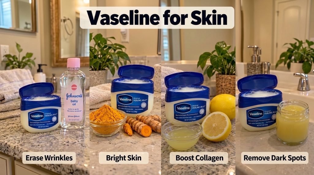 A 2x2 grid showing four Vaseline beauty hacks Vaseline with baby oil for wrinkles Vaseline with turmeric for bright skin