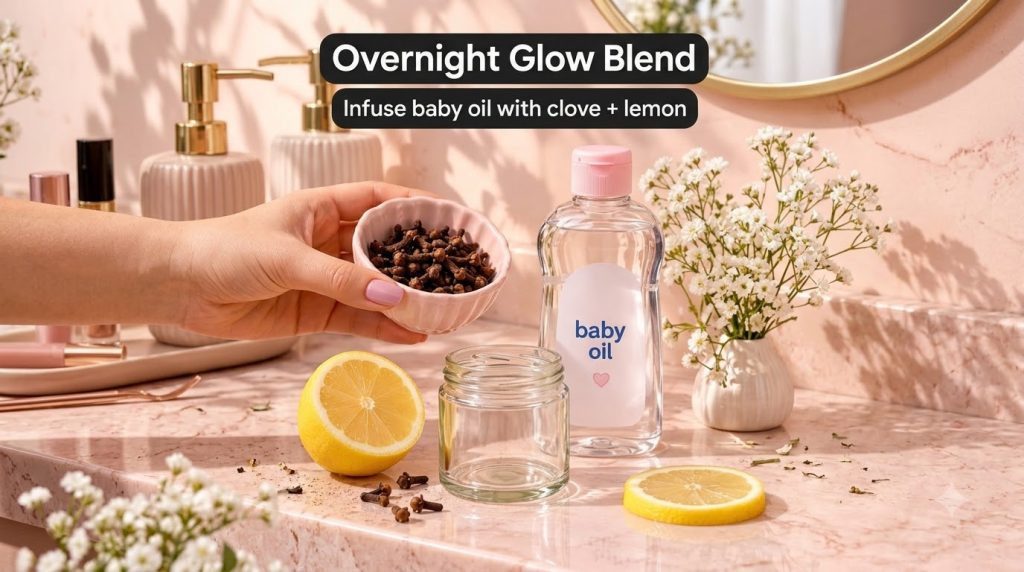 Ingredients for DIY Clove Lemon Baby Oil including a hand holding a bowl of cloves a bottle of baby oil an empty glass j