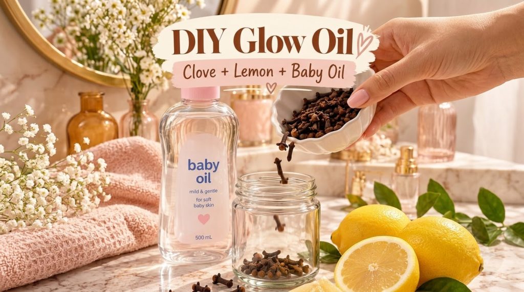 A hand pouring whole cloves from a small bowl into a clear glass jar with a bottle of baby oil lemon slices and more clo