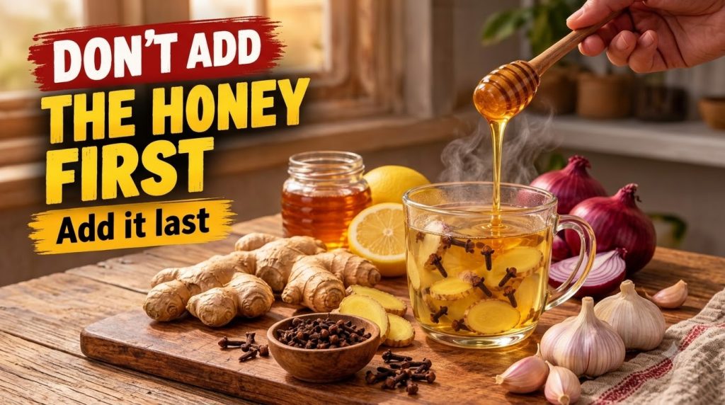 A close-up of a glass mug of hot ginger and clove tea with honey being drizzled surrounded by ingredients like ginger le