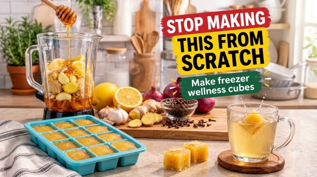 A vibrant culinary scene showing a blender filled with fresh lemons ginger and garlic with honey being poured in In the 