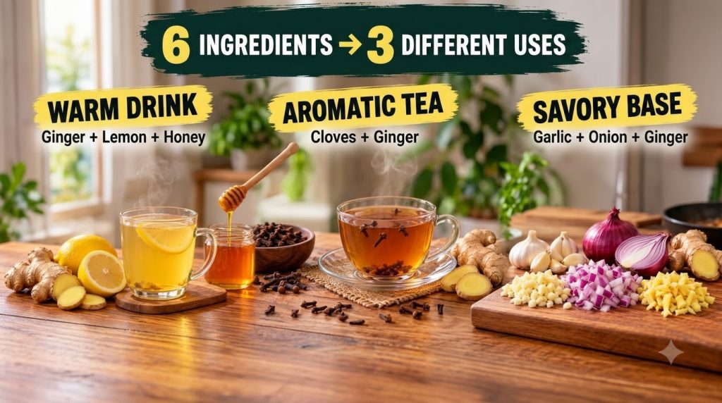 A triptych showing ginger lemons and honey for a Warm Drink cloves and ginger for an Aromatic Tea and garlic red onion a