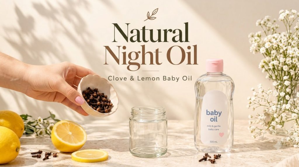 Ingredients for making clove and lemon baby oil a hand holding a small bowl of cloves an empty glass jar a bottle of bab