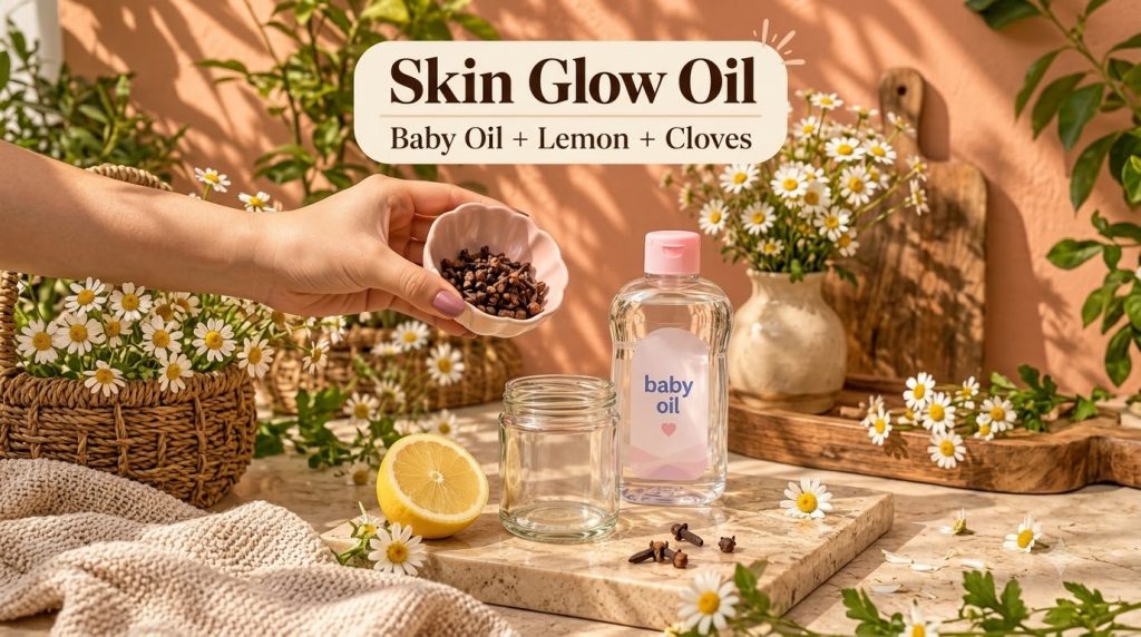 A flat lay of ingredients for a Skin Glow Oil including a hand holding a small bowl of cloves a bottle of baby oil an em