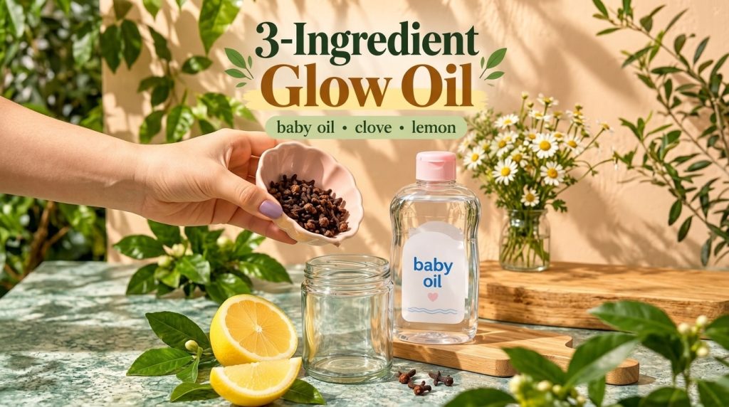 A hand pouring whole cloves from a pink shell-shaped dish into an empty clear glass jar A bottle of baby oil is next to