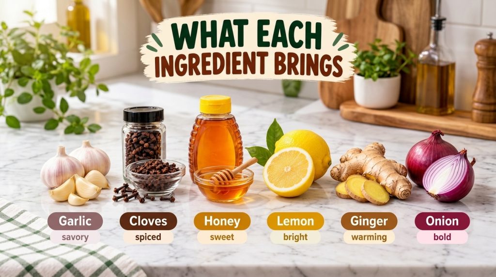 A flat lay of six distinct kitchen ingredients arranged in two rows on a white marble surface with explanatory text labe