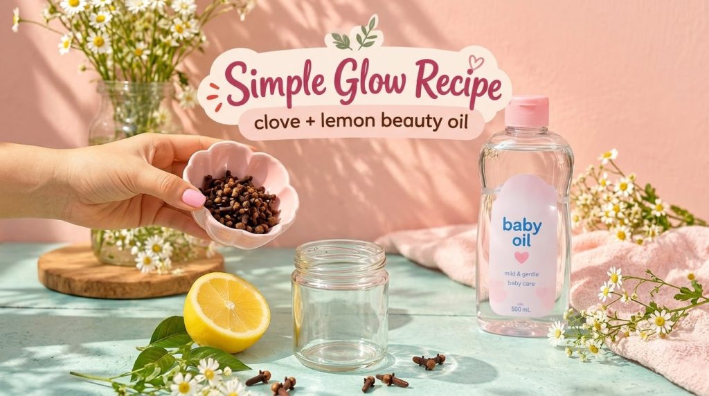 A flat lay of ingredients for a Clove Lemon beauty oil including a hand holding a bowl of cloves a bottle of baby oil a 