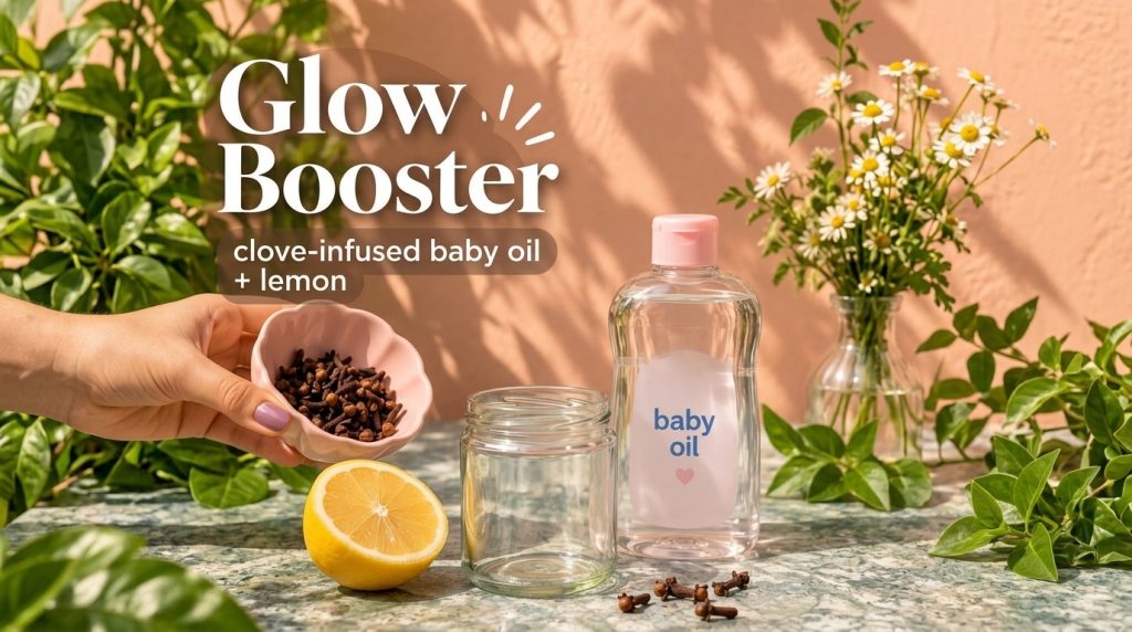 A hand holding a pink bowl of dried cloves over an empty glass jar with a halved lemon and a bottle of baby oil on a tex