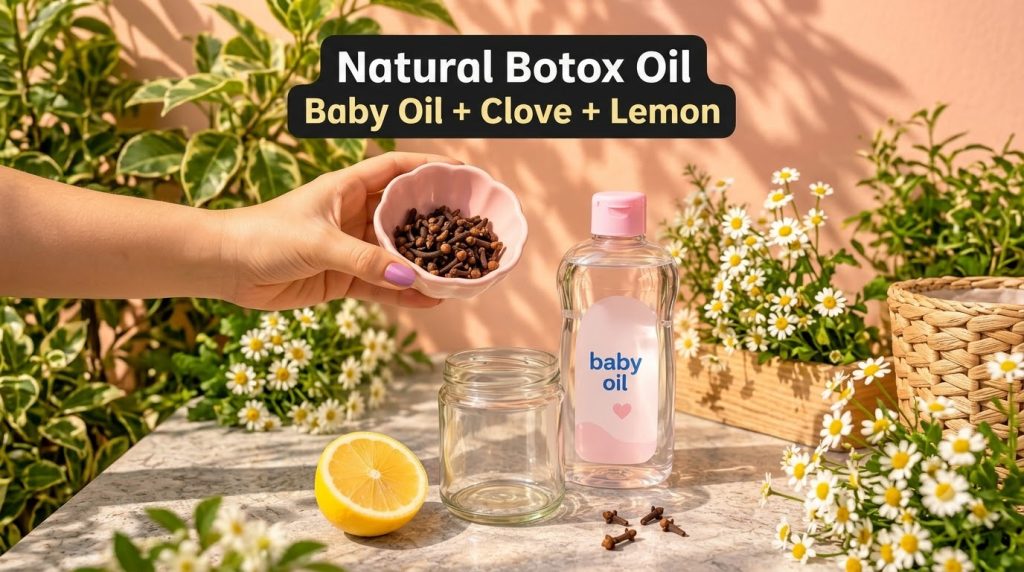 A flat lay showing a hand holding a small pink bowl of cloves a bottle of baby oil an empty glass jar a halved lemon and