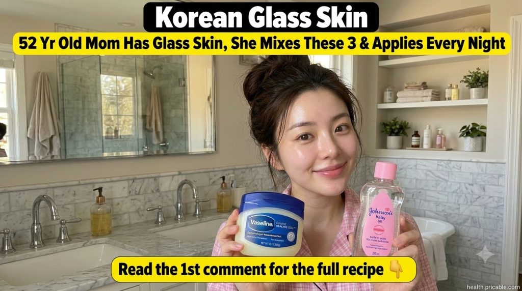 A woman in a bathroom smiling and holding up a tub of Vaseline and a bottle of Johnson s Baby Oil showing her radiant gl