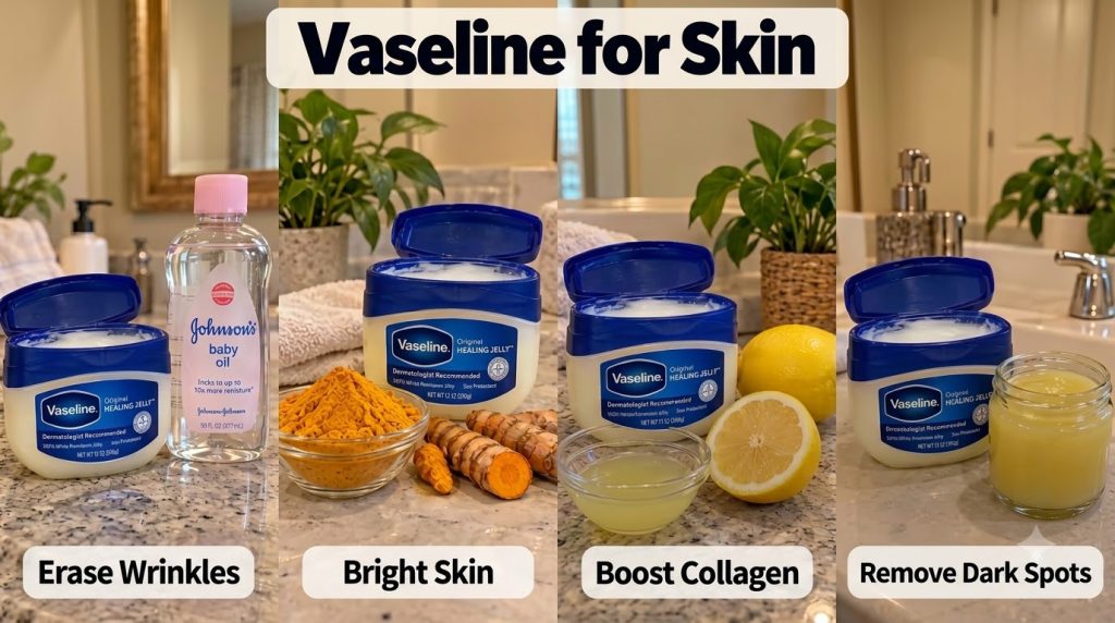 A four-panel grid showing Vaseline paired with baby oil turmeric powder lemons and a yellow mixture in a jar all on a br