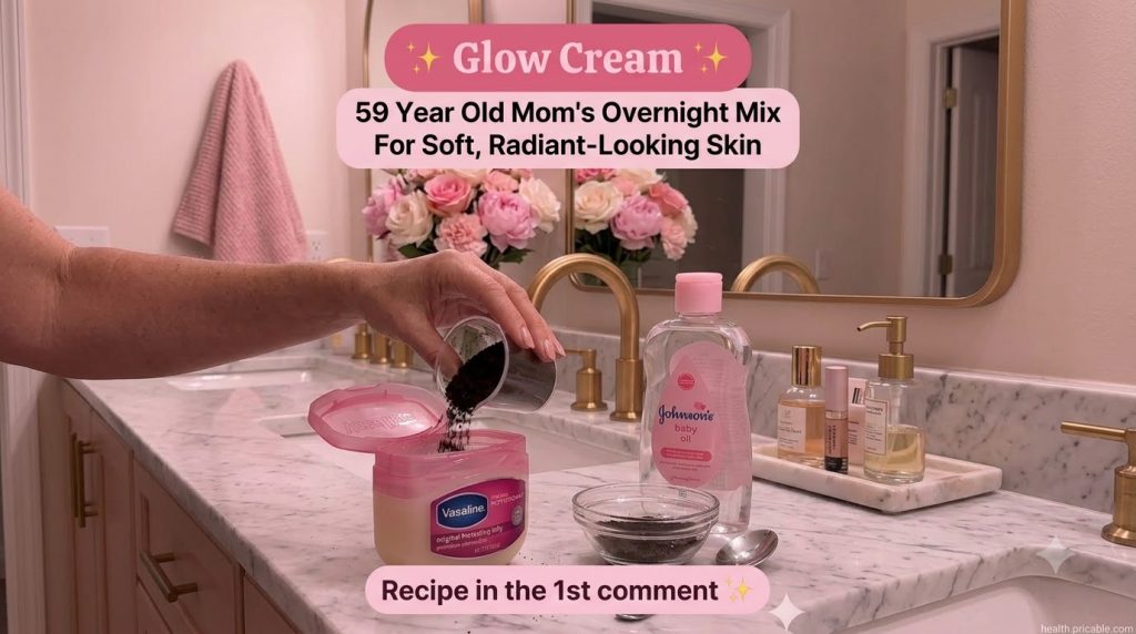 A close-up of hands mixing Vaseline and fresh aloe vera gel in a small bowl with a spoon on a clean bathroom counter The