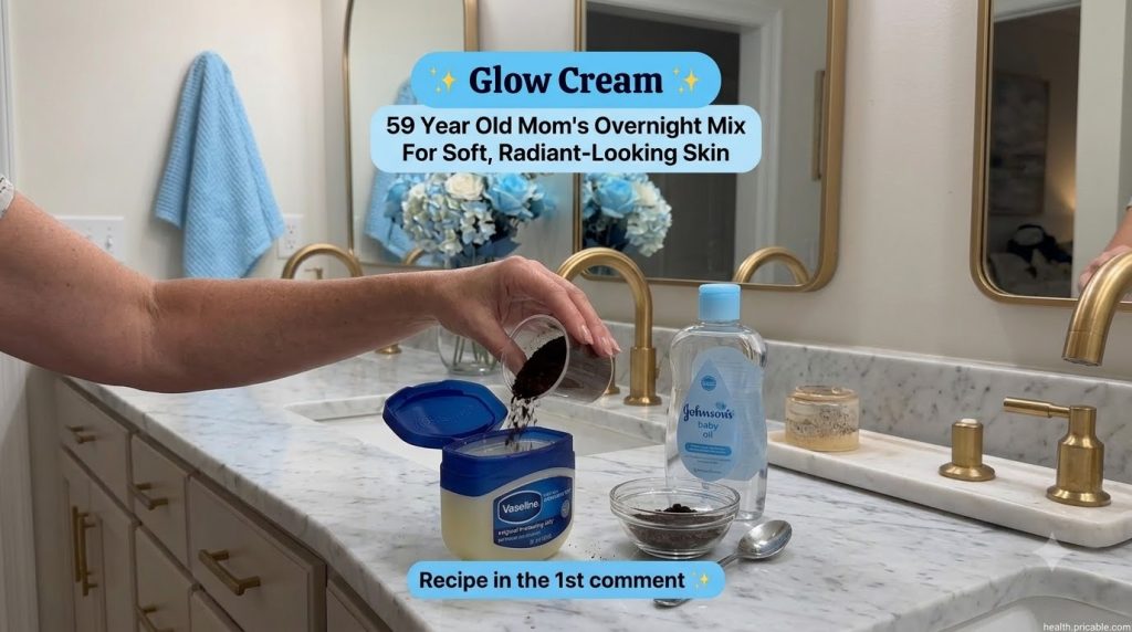 Hands pouring coffee grounds into a tub of Vaseline petroleum jelly with Johnson s Baby Oil and a bowl of coffee grounds
