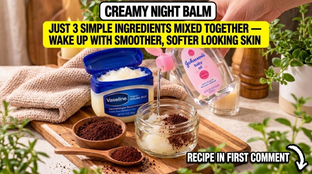 A hand pouring baby oil into a glass jar containing melted Vaseline and cocoa powder with an open tub of Vaseline and wo