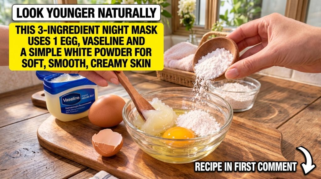 A close-up of hands preparing a face mask with Vaseline egg yolk and rice powder in a clear glass bowl on a wooden board