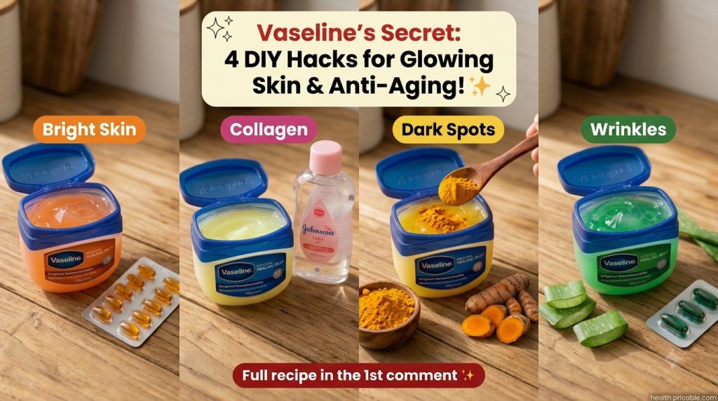 A four-panel grid showing Vaseline jars with natural ingredients for skin brightening turmeric collagen aloe vera dark s