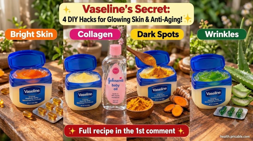 A four-panel grid showing different DIY beauty hacks using Vaseline Each panel features an open Vaseline jar mixed with 