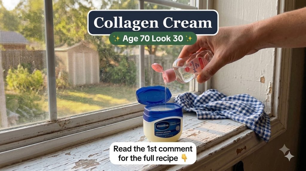 A close-up of a hand pouring Johnson s Baby Oil into a jar of Vaseline on a windowsill