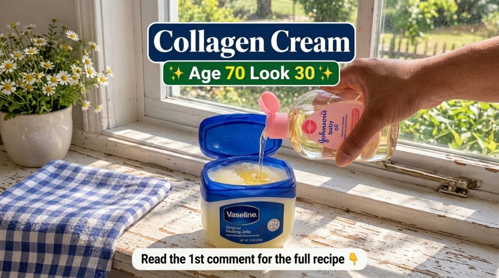 A blue tub of Vaseline and a bottle of baby oil with baby oil being poured into the Vaseline on a distressed white woode