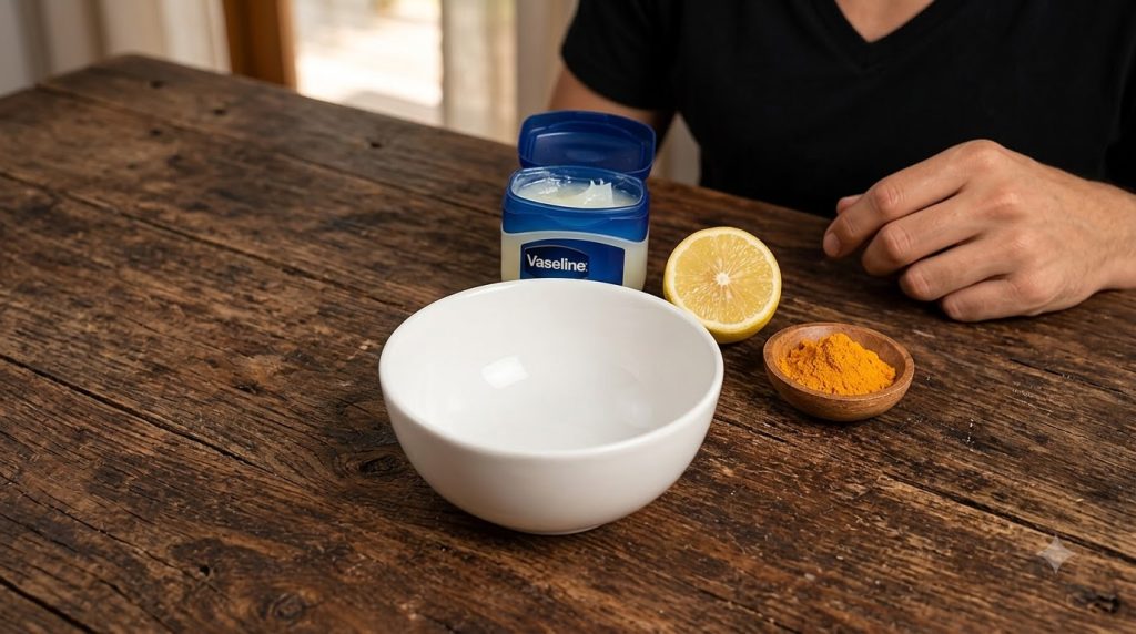 A rustic wooden table displaying ingredients for a DIY beauty mask an open jar of Vaseline a half-cut lemon a small wood