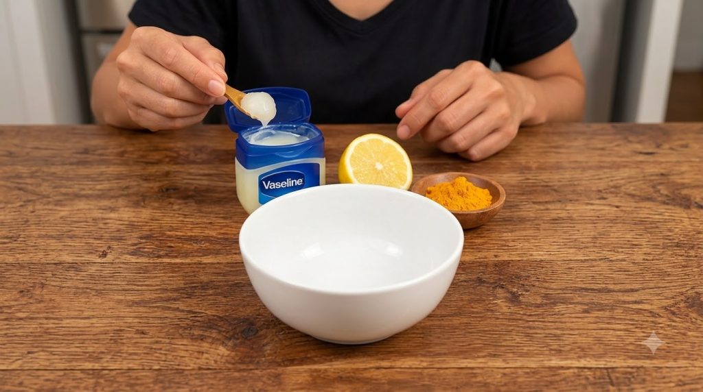 Ingredients laid out on a rustic wooden table for a DIY beauty recipe a person s hands a tub of Vaseline a wooden spoon 