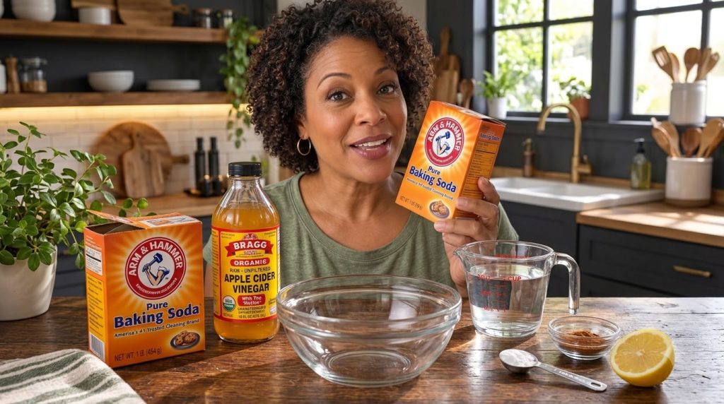 A split image top shows a smiling woman holding baking soda bottom shows ingredients on a wooden table including baking 