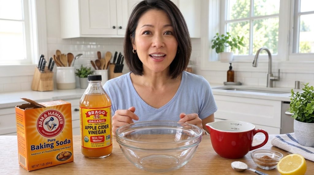 A woman smiling and holding a box of baking soda with an array of ingredients like lemon apple cider vinegar and more on
