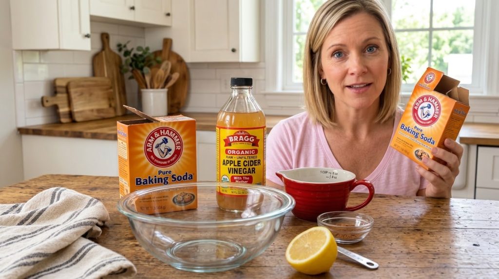 A split image showing a woman holding baking soda and a flat lay of ingredients for a morning drink