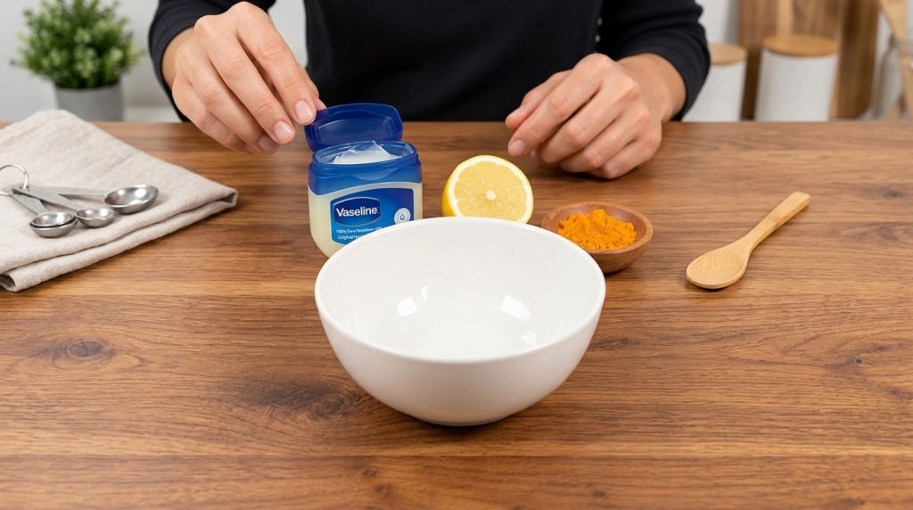 A flat lay of ingredients for a DIY beauty mask on a wooden table A white mixing bowl an open jar of Vaseline a halved l