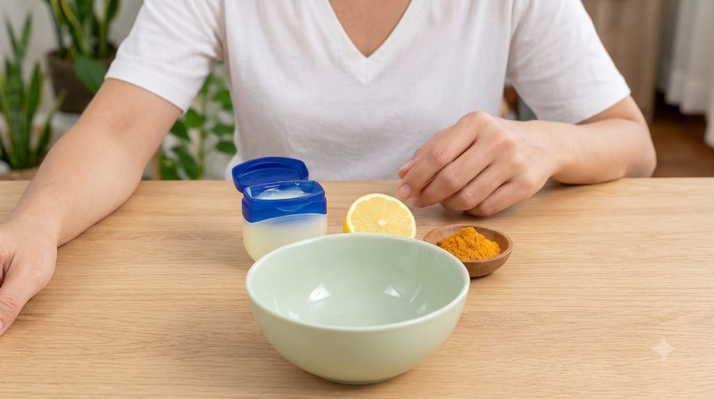 A clean bright setup for a DIY beauty treatment on a light wooden table featuring an open jar of petroleum jelly a halve