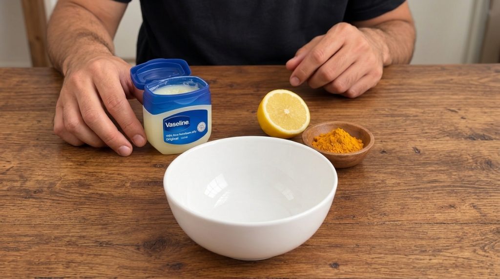 A flat lay of ingredients for a potential DIY skincare or beauty recipe on a warm wooden table Key subjects include an o