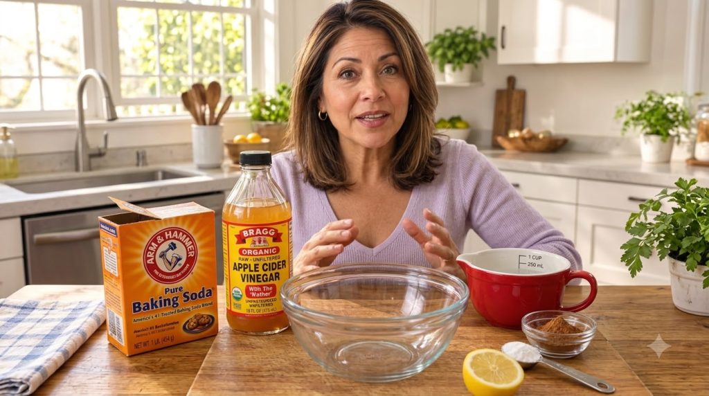 A smiling woman holding a box of baking soda with ingredients like apple cider vinegar lemon and water laid out on a woo